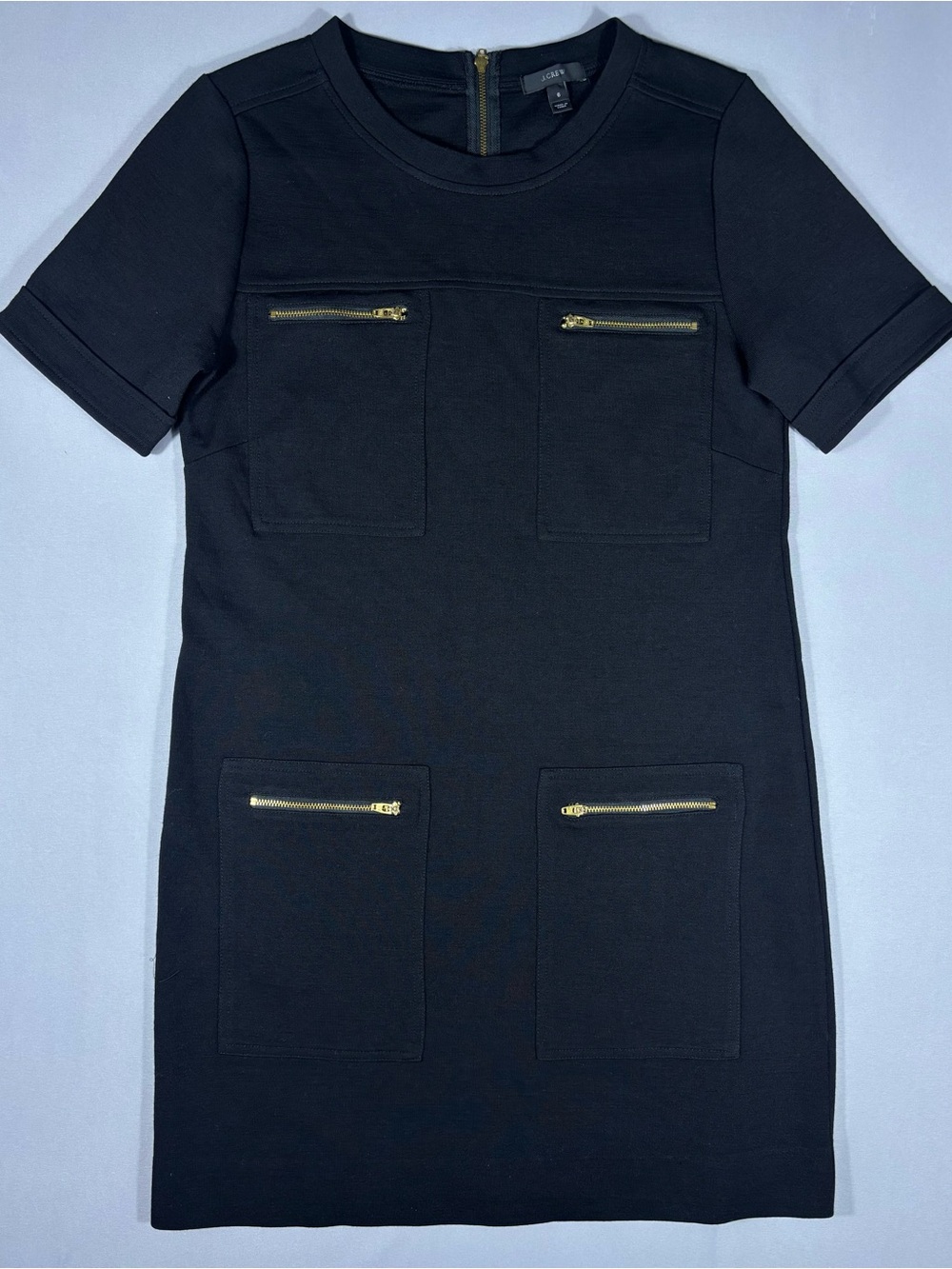 J.Crew Black Wool Blend Shift Dress Size 6 Gold Zip Pockets